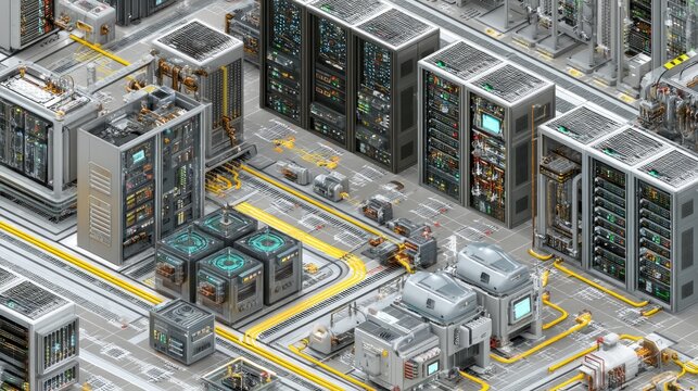 Isometric view of a server room data center, rows of server racks with blinking lights, cooling system pipes, cloud computing infrastructure concept