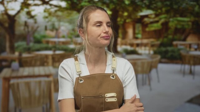 Woman in apron looks annoyed at outdoor restaurant terrace in city setting surrounded by tables and greenery, capturing urban cafe atmosphere.