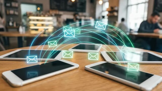 Mobile phones and tablets connected in a network, exchanging digital data and emails, symbolizing global communication and internet connection in a modern cafe setting