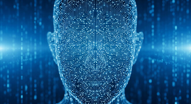 Abstract digital human face made of glowing particles and binary code, artificial intelligence and futuristic technology concept.