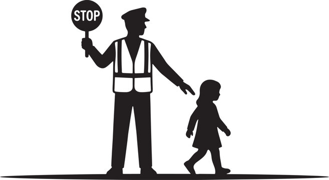 vector illustration of a crossing guard guiding a child with a stop sign