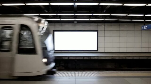 Subway Train Arriving at Station with Blank Billboard for Advertisement.