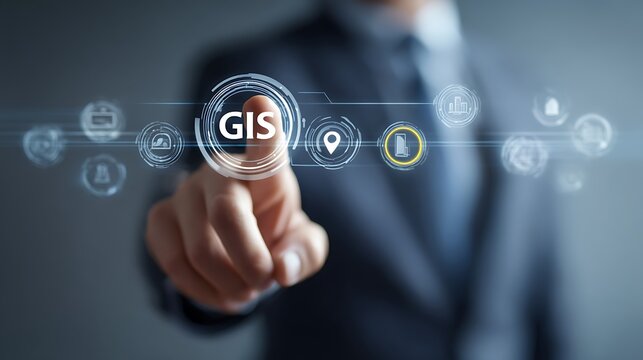 Professional using technology to interact with a gis digital interface system