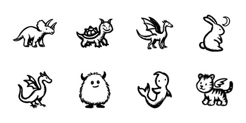 Obraz premium Cute Fantasy Creatures In Hand Drawn Style Set. Whimsical Animal Doodle Sketch Collection. Mythical And Imaginative Characters. Isolated Vector Illustration