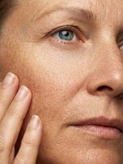 Obraz premium Woman touching her face while looking at the camera with a serious expression