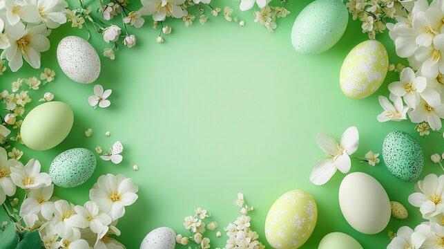 easter frame with white flowers and green easter eggs on a pastel background, top view, copy space concept, 3d rendering illustration