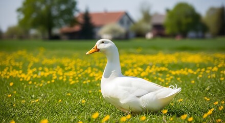 Obraz premium Serene white duck standing in lush green field with vibrant yellow flowers