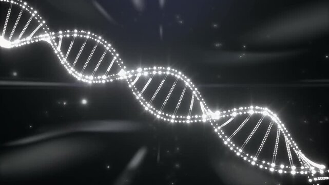 A glowing DNA double helix structure shines brightly against a dark background from a top-down viewpoint