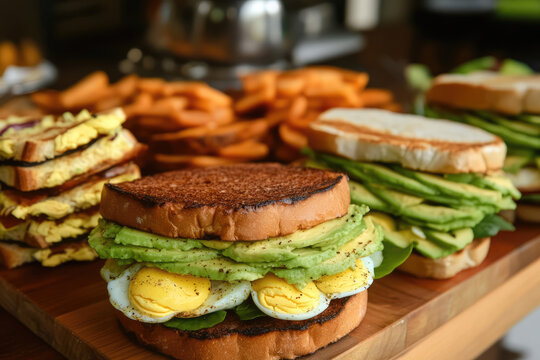 A brunch buffet table is where you can find delicious egg and avocado sandwiches