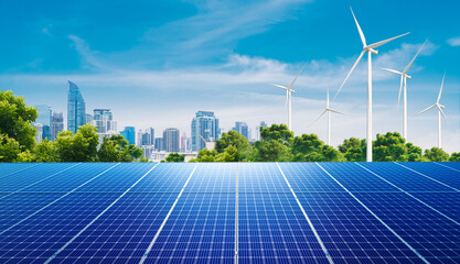 Clean wind turbine generators and photovoltaic solar panels harness renewable energy from sun and blue sky to provide green electricity for smart city. sustainable and environment friendly © noppadon