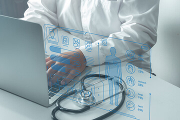 Smart healthcare technology and AI diagnosis. Doctor working on laptop with holographic medical data HUD. Concept of digital hospital, patient analysis, future science, and biotechnology.