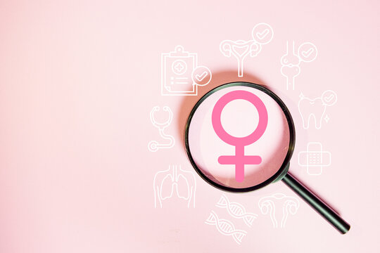 Women healthcare and gynecology checkup. Magnifying glass on pink gender sign with medical icons. Symbol of reproductive system, breast cancer awareness, hormone balance, and lady wellness.