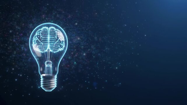A glowing light bulb with a brain inside floats in a starry night sky, symbolizing innovation and creativity