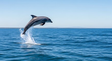Naklejka premium Dolphin jumping out of the ocean with a beautiful splash in the deep blue sea