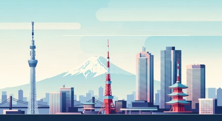 Obraz premium Modern Tokyo cityscape with Mount Fuji in the background, clean geometric composition, soft pastel color palette