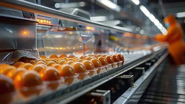 Fresh eggs are carefully aligned on trays as they progress along an automated conveyor belt, undergoing rigorous quality control within a cutting-edge food processing plant
