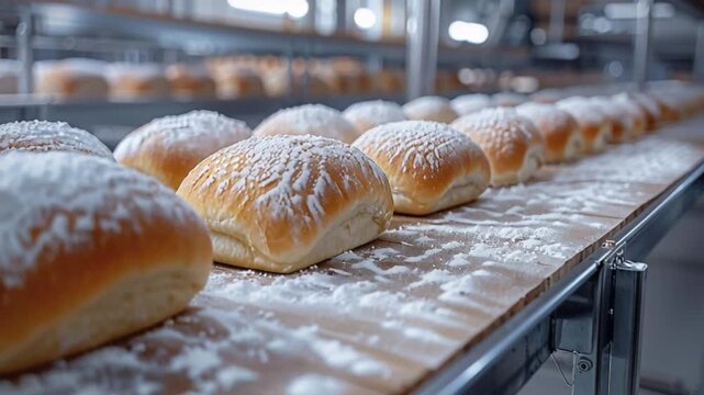 Fresh bread rolls, perfectly dusted with flour, lie on a rustic wooden shelf in a busy bakery, emitting a warm and inviting aroma, exemplifying the art of traditional baking