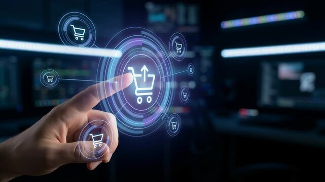 Digital shopping cart ecommerce marketing logistics online retail services customer concept with hand pointing virtual screen for business technology internet sales and online retail services