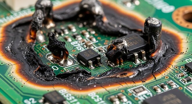 Damaged electronic circuit board with burn marks in macro detail. Technology failure concept for electronics repair, hardware defect, short circuit, overheating, and industrial engineering.