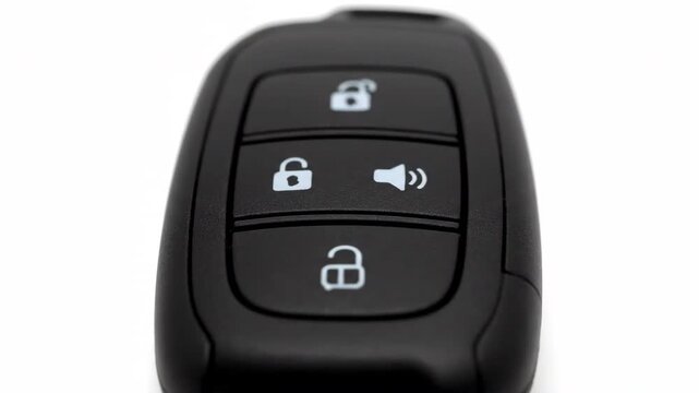 A black car key fob with lock, unlock, and alarm buttons is isolated on a white background with studio lighting. Close-up view of the electronic device.