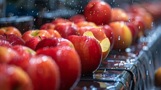 Fresh, vibrant red apples are thoroughly washed under a gentle stream of water in a large processing facility, ensuring cleanliness and preserving their natural freshness prior to meticulous packaging