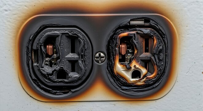 Burnt electrical wall outlet in close-up detail. Safety and electrical failure concept for fire hazard, short circuit, damaged socket, repair service, and home maintenance warning.