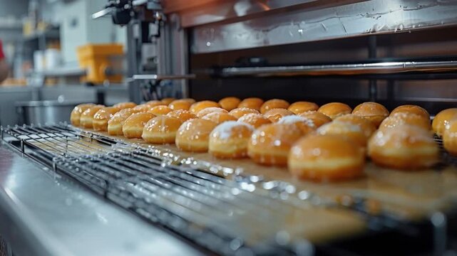 Freshly baked fluffy donuts, delicately powdered with sugar, sit on a cooling rack within a vibrant bakery, surrounded by the enticing morning aroma of sweet goods wafting through the air