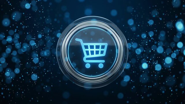 Digital shopping cart icon represents online ecommerce marketing logistics services for retail customer, futuristic style with glowing blue light effects and focused satisfaction design