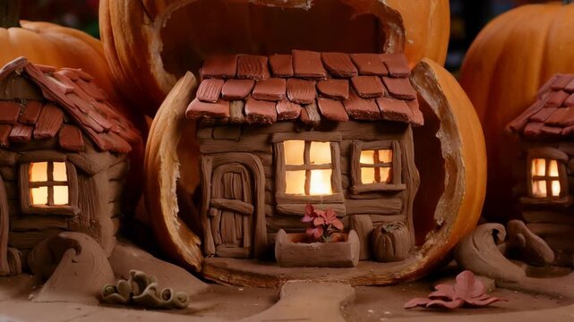 Claymation scene, a hidden village of tiny clay houses built inside hollow pumpkins, warm glowing clay windows.