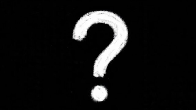 A minimalist animation of a hand-drawn white question mark with a chalk texture appearing on a black background. Perfect for educational content, brainstorming sessions, and problem-solving concepts.