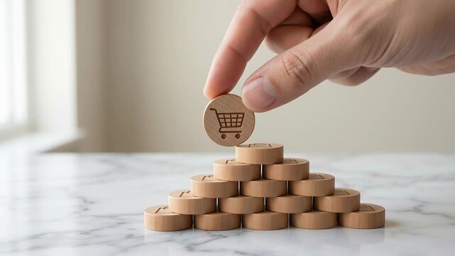Wooden tokens with shopping cart icon stacked representing digital shopping cart ecommerce marketing logistics online retail services customer concept for satisfaction