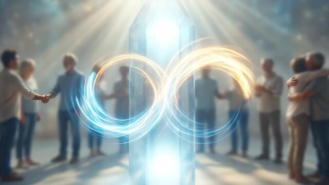 People in a blurred circle connecting and showing harmony surrounded by a glowing infinity symbol of light waves. Representing eternal bonds and spiritual connection through energy. Unity. And healing