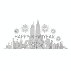 Fototapeta premium Happy New Year 2026 City Skyline Vector Illustration | Modern Line Art Fireworks Design