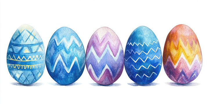 Six vibrantly painted watercolor Easter eggs, each uniquely colored and patterned, ranging from light to dark blue, displayed in a harmonious row