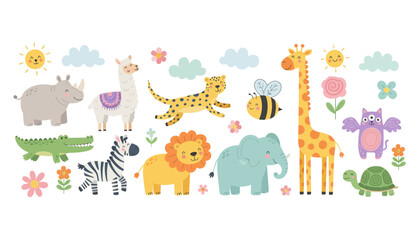 Fototapeta premium Colorful cartoon animals and flowers in a whimsical illustration.
