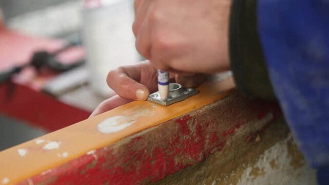 Marking for screws rowlock socket on boat gunwale repair