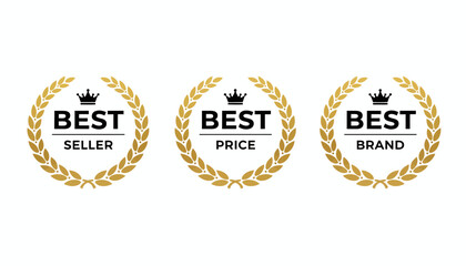 Obraz premium Three golden laurel wreath badges with Best Seller, Best Price, and Best Brand labels.