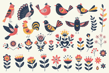 Traditional folk style birds and flowers set. Decorative scandinavian ethnic elements. Cute rooster, peacock, sparrow, plants © Hanna ArtLab