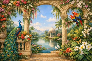 Obraz premium Lush tropical garden scene with peacock, parrots, dome pavilion, flowers, and tranquil water landscape