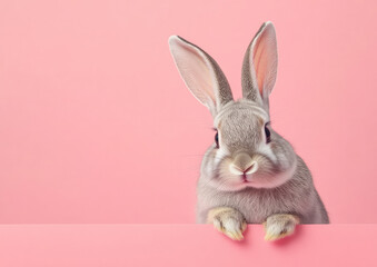 Obraz premium A playful rabbit peeking from the edge of a pastel pink background, radiating charm and curiosity.