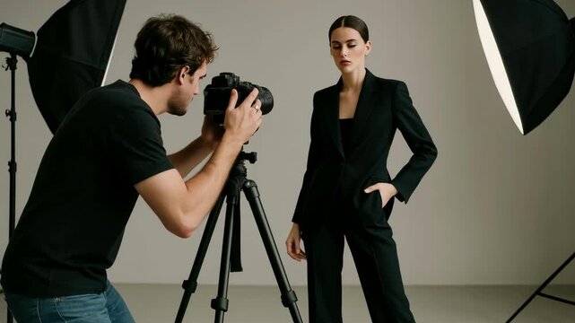 A professional video shoot captures a model in a sleek black suit. The side angle highlights the studio setup with lights and camera equipment.