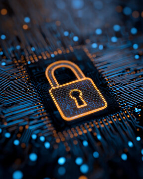 Digital Padlock on Circuit Board &ndash; Cyber Security, Data Protection, Network Security and Encryption Technology Concept