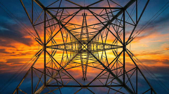 An electrical power transmission tower stands tall against a vibrant orange and yellow sunset sky