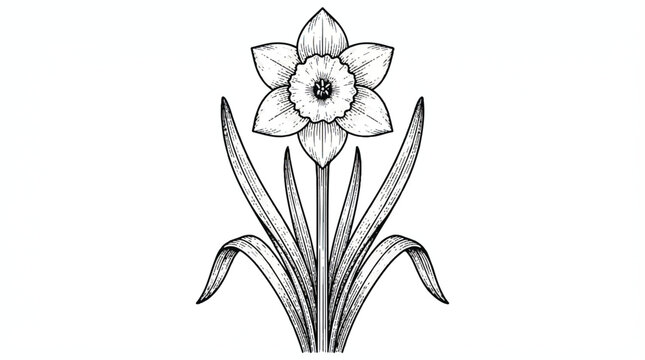 a black and white drawing of a daffodil with long leaves and a large flower