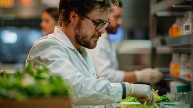 In a vibrant kitchen, a skilled chef meticulously assembles fresh salad ingredients, prioritizing presentation and quality as dinner service approaches, amidst the evening bustle