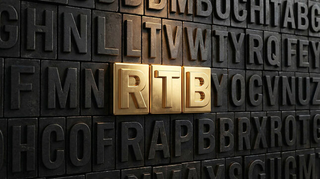 A close-up view of a metallic wall with embossed letters featuring RTB in gold