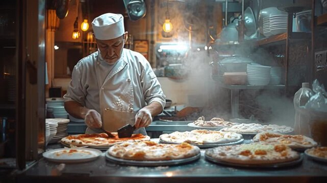 In a vibrant restaurant kitchen, a chef's skilled hands carefully extract freshly baked pizzas from a warm oven, capturing the culinary artistry and flavors of a dinner service on a busy evening