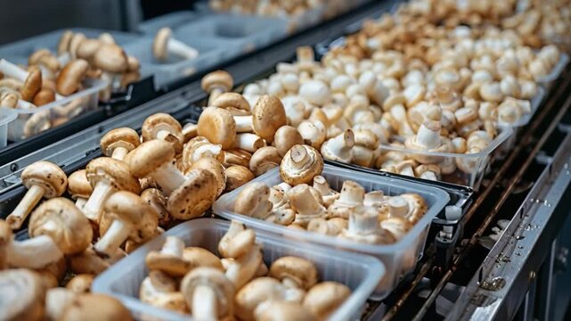 In bustling commercial kitchen, workers efficiently sort fresh mushrooms into clear containers, packaging them for distribution during the peak harvest season, ensuring steady supply of fresh produce