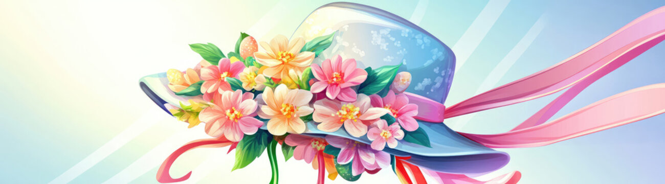 Easter bonnet icon with flowers and ribbons, capturing the festive spring fashion