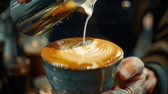 In cozy morning cafe, skilled barista crafts intricate latte art by pouring steamed milk into freshly brewed coffee, enhancing warm atmosphere creating delightful coffee shop experience every pour